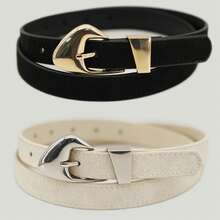 3/2/1pc Pack Women's Suede Belt Set Minimalist Design With Vintage Gold/Silver Buckle Icy Blue Tomato Red Lime Sorbet Blush Pink Belts For Summer And Holidays - A - View 7