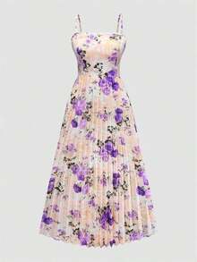 Women's Elegant Floral Print Pleated Waist Ruffle Hem Dress With Knit Cardigan Set, Suitable For Date, Valentine's Day, Casual Holiday Spring Vacation - 紫色 - 查看 9