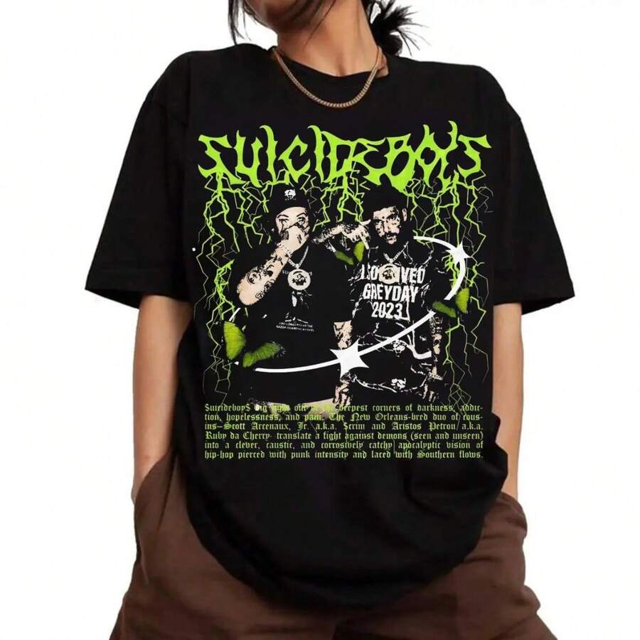 SuicideboysLightningButterflyPrint CrewNeck T-Shirts UndergroundHipHopGraphic ShortSleeve - Black - View 1