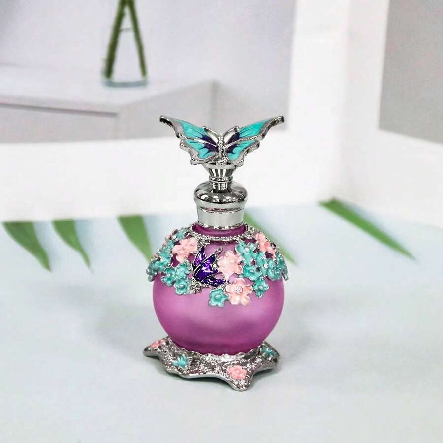 Botella decorativa vacía de 15ml con patrón de mariposa rosa vintage, rellenable para perfume o aceite esencial, estilo de lujo - Azul - Ver 1