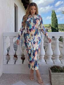 Astrid Vestido casual de manga larga con estampado aleatorio minimalista para mujer de talla grande, elegante para vacaciones - Multicolor - Ver 5