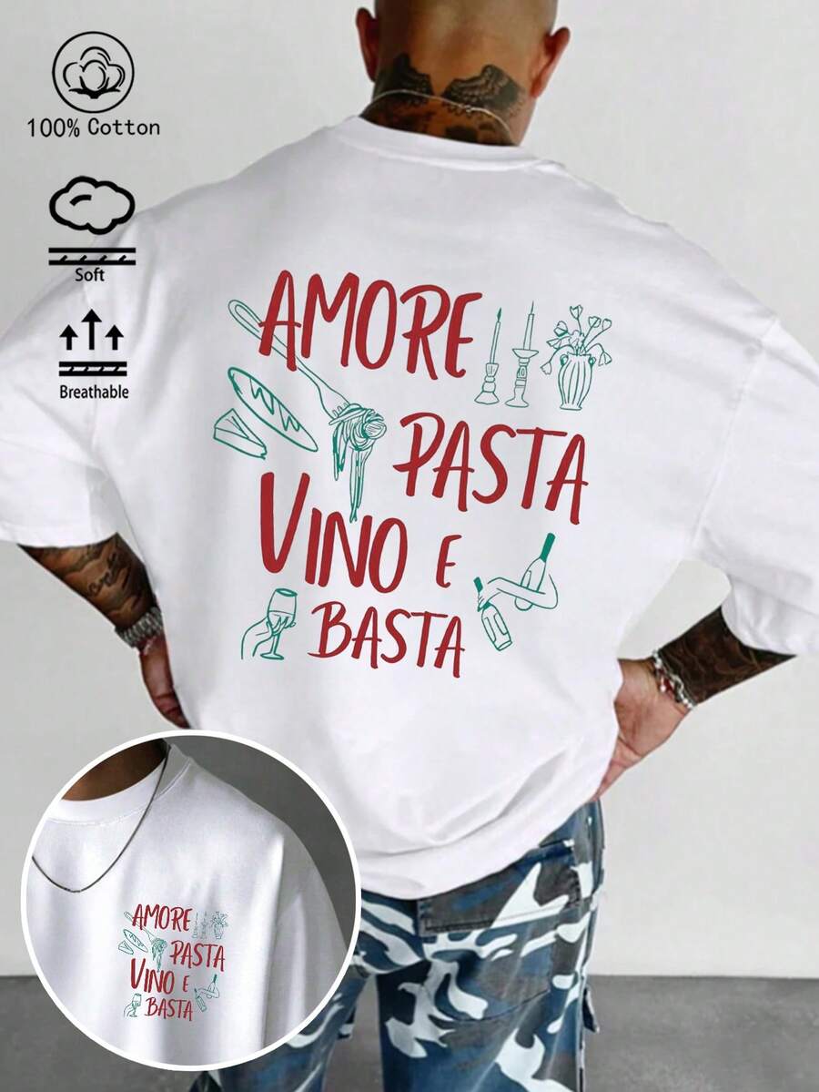 Men's Letter Pasta & Wine Print T-Shirt, Vacation Travel Beach, Daily Gathering - Putih 5 - View 1