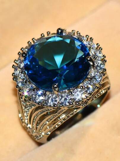 Luxury Women's Large Blue & White Cubic Zirconia Ring, Silver Wedding Jewelry