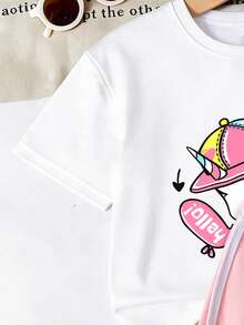 2pcs/Set Girls Unicorn Print Short Sleeve Top And Shorts Set - Multicolor - View 5