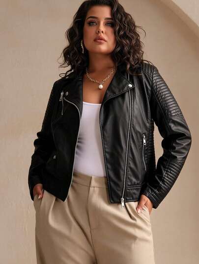 Giolshon Plus Size Women Street Style Faux Leather Motorcycle Jacket - Short PU Jacket With Lining And Pockets, Casual Chic Urban Wear Black Elegant