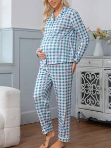 Bộ đồ ngủ sau sinh cho bà bầu, áo khoác cardigan và quần dài màu xanh kẻ caro nhẹ, có nơ, thích hợp mặc ở nhà cho phụ nữ mang thai. - Nhiều màu - Xem 2