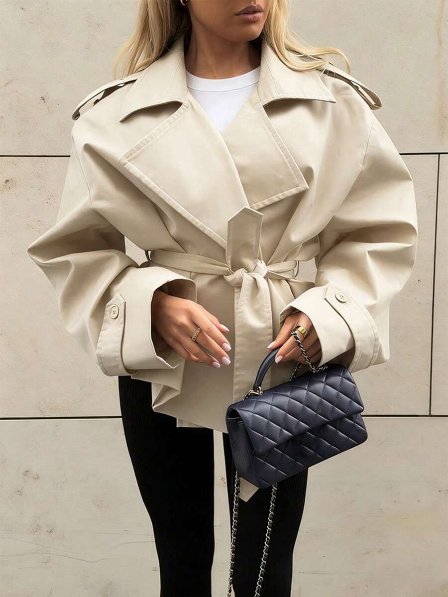 Áo khoác dáng rộng màu be, cổ chữ V, thắt lưng, phong cách thường ngày, thanh lịch, thích hợp cho kỳ nghỉ xuân hè, phong cách đường phố, thời trang Y2K, dành cho nữ công sở, áo khoác trench cho nữ. - Màu be - Xem 1