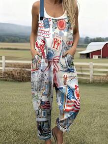 American Coastal Element Collage Print Women's Adjustable Strap Jumpsuit, Polyester, Lightweight And Breathable, Women's Clothing, Regular Women's Clothing, Women's Jumpsuits And Rompers, Women's Jumpsuit, Women's Plus Size Jumpsuit - 彩色 - 查看 2