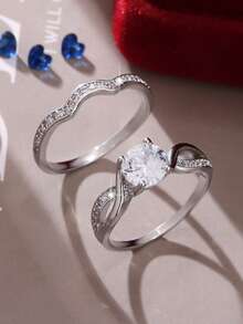 2 piezas Juego de anillos clásicos con circonita cúbica brillante - Pieza moderna y de moda, adecuada para bodas y fiestas, adecuada para bodas, anillos de pareja - Plateado - Ver 1