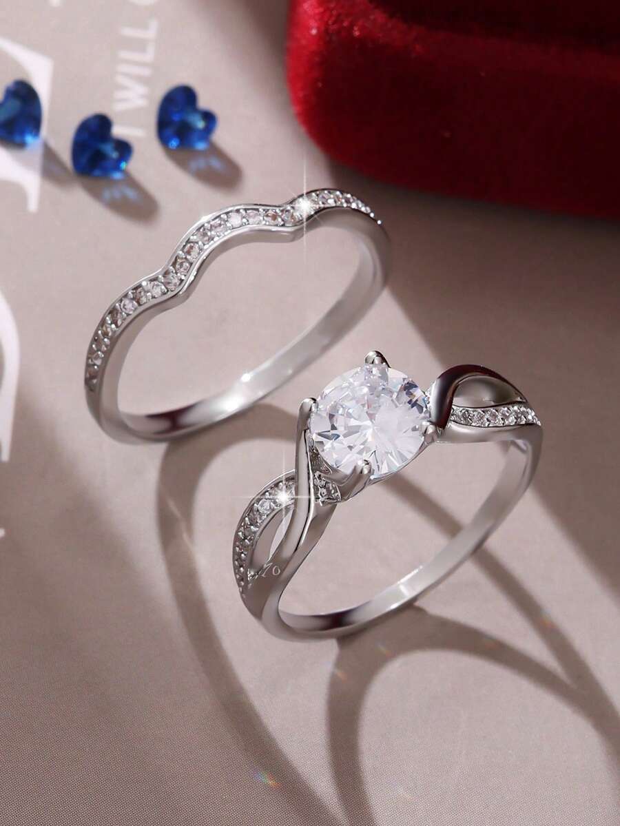 2 piezas Juego de anillos clásicos con circonita cúbica brillante - Pieza moderna y de moda, adecuada para bodas y fiestas, adecuada para bodas, anillos de pareja - Plateado - Ver 1