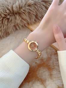 1pc Women's Round Gold Quartz Watch, Elegant & Minimalist, Suitable For Daily Wear, Birthday/Graduation Gift, Casual Gathering And Party - Gold - View 4