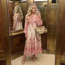Women's Bohemian Vintage Elegant Long Sleeve Round Neck Dress, Fluffy And Gentle Summer Dress Spring Red - Red - View 4