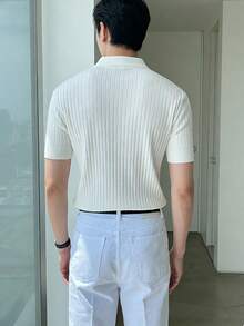 Men's Short Sleeve Knit Sweater, Casual Striped Polo Collar Pullover Knitwear Top For Spring Autumn - White - View 2