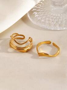 2pcs Stainless Steel 18K Gold Plated Minimalist Line Design Open Ring, Suitable For Women's Daily Wear And Party - Gold - View 4