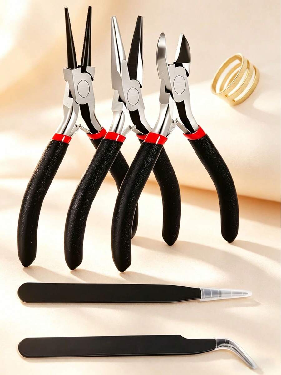 Bộ 6 kìm làm trang sức - Bộ dụng cụ làm trang sức, bao gồm kìm mũi nhọn, kìm cắt chéo, kìm mũi tròn, 2 nhíp và 1 dụng cụ mở vòng, thích hợp cho việc xâu hạt vòng tay và làm trang sức thủ công. - màu đen - Xem 1