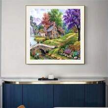 1 Set de Kit de Pintura de Diamantes sin Marco, Escenario Campestre Tranquilo con Encantadora Cabaña, Flores Vibrantes y Río, Adecuado para Decoración de Dormitorio, Sala de Estar, Oficina o Cocina, Decoración Mural Exterior, Técnica de Diamante Redondo Completo para Principiantes Adultos - Sin marco - Ver 15
