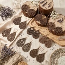 9 Pares de Brincos de Madeira Vintage Vazados, Brincos Geométricos Entalhados com Borla Longa em Gota d'Água, Acessórios Diários e de Férias para Mulheres - Multicolorido - Visão 2