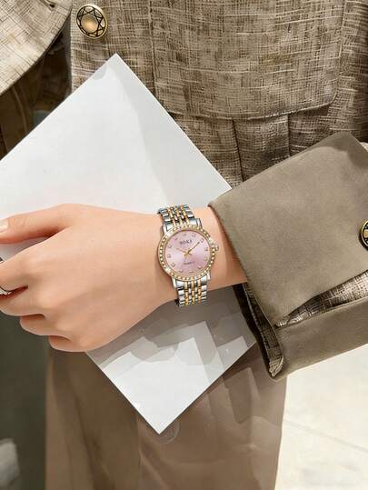 SOKI Reloj de cuarzo de lujo con esfera redonda de cristal de ródio para mujer, con correa de aleación, adecuado para uso diario, cumpleaños, vacaciones, fiestas, regalo ideal para ti o tus amigos, sin empaque incluido