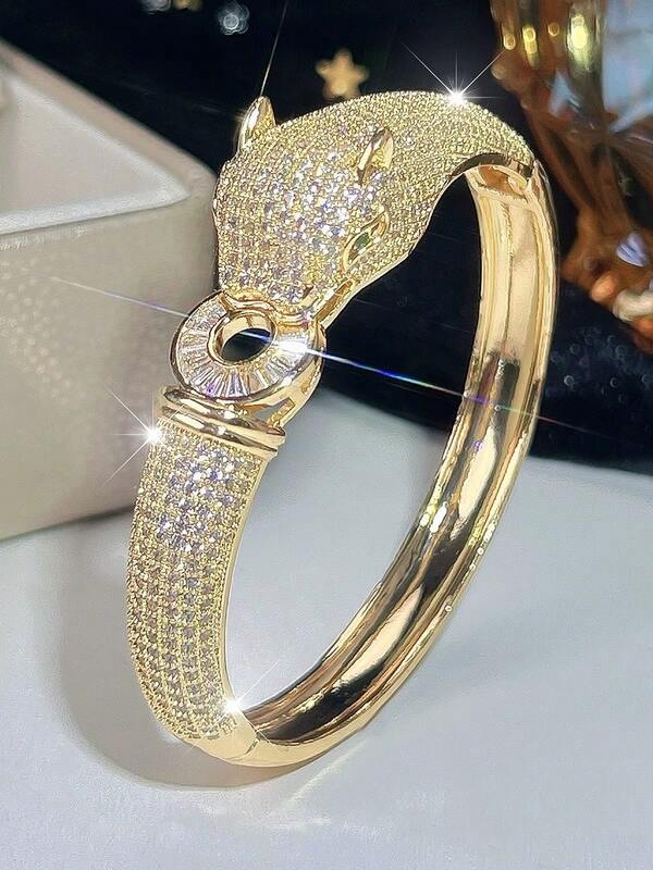 1pc Luxurious Personalized Fierce Leopard Zirconia Inlaid Bangle Bracelet, Eye-Catching Party Jewelry Gift For Women