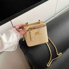1pc New Minimalist Casual Versatile Woven Straw Lunch Box Bag, Chain Strap Shoulder Crossbody Bag, Holiday Best Seller Small Shoulder Crossbody Bag - 卡其色 - 查看 10