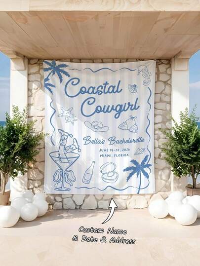1 pieza Tapiz de pared personalizado "Coastal Cowgirl", personalizado con nombre, fecha, ubicación, hecho de poliéster, decoración para la despedida de soltera de Miami Beach, compromiso, telón de fondo para fotos, sala de estar, dormitorio, alquiler vacacional