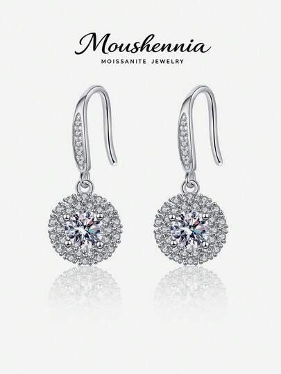MOUSHEENIA Pendientes colgantes de plata de ley 925 con moissanita para mujeres, piedra moissanita de corte redondo de color D y VVS1 con halo, joyería de gota con cierre de palanca brillante, regalo para boda, aniversario y fiesta