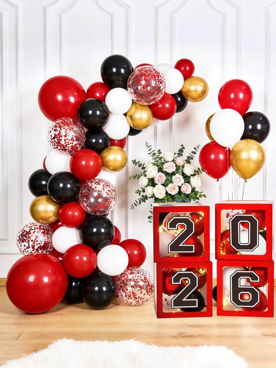 Decoraciones de graduación 2026 - Decoraciones de graduación en rojo y negro - Caja de globos con "Clase de 2026" - "Graduación: Estoy orgulloso de ti" - Adecuado para decoraciones de fiesta de graduación de cualquier grado - Caja de globos de graduación rojos y negros - Ver 1