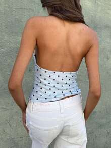 Women's Sleeveless Polka Dot Print Halter Neck Backless Ruched Picot Trim Crop Top, Slim Fit 2026 Summer Y2K Casual Going Out Cami Blouse - azul claro - Ver 3