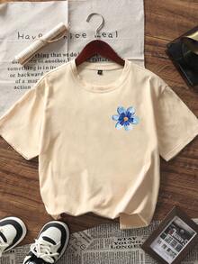 夏季新款简约时尚印花休闲圆领短袖T恤，百搭时尚女式上衣 - 淺杏色 - 查看 4