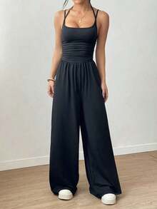 Unity Mono recto suelto y plisado informal para mujer, con tirantes ajustables, apto para primavera/verano - Negro - Ver 3