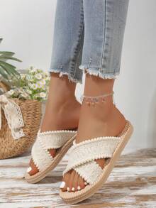 Classic Woven Texture Women's Slippers Soft Sole Comfortable Non-Tiring Indoor/Outdoor Use Breathable Spring/Summer Home/Outing Dual-Use One-Strap Slides - Beige - View 2