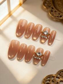 10 móng tay giả thủ công, màu nude trong suốt, đính đá zirconia hình bầu dục, phong cách nghệ thuật móng tay tối giản sang trọng, phù hợp cho việc đi lại hàng ngày, móng giả dán tái sử dụng. - Nhiều màu - Xem 1
