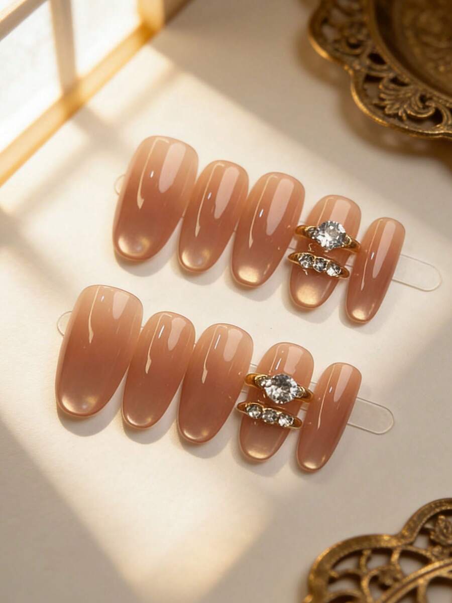 10 móng tay giả thủ công, màu nude trong suốt, đính đá zirconia hình bầu dục, phong cách nghệ thuật móng tay tối giản sang trọng, phù hợp cho việc đi lại hàng ngày, móng giả dán tái sử dụng. - Nhiều màu - Xem 1