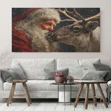 Arte de pared 2D plano de reno de Papá Noel en madera maciza, decoración de invierno y Navidad con póster en lienzo envuelto listo para colgar, mural para sala de estar de granja, dormitorio, regalo festivo, póster de Papá Noel y reno para decoración de dormitorio, sala de estar y oficina - Enmarcado - Ver 2