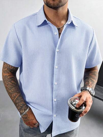 Men's Striped Print Button Front Casual Short Sleeve Shirt, Summer