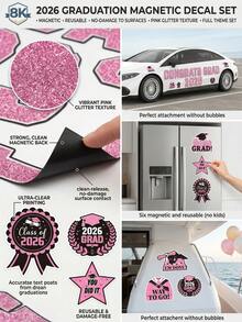 Conjunto de decoración para auto de graduación 2026, 22 piezas, color rosa, adecuado para fiesta de graduación universitaria y de jardín de infantes, yate, puerta del garaje y refrigerador - Pegatina magnética rosa de graduación - Ver 6
