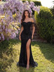 ADYCE Women's Open Shoulder Long Formal Dress, Beaded Tassel Sleeve High Waist Slit Tie-Up Backless Party Gown, Suitable For Gala, Party, Evening Event And Date Night (Embroidery Placement Random), New Year, Valentine's Day Wedding Black Spring - 黑色 - 查看 3