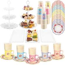 105 Pcs Floral Tea Party Set 50 Disposable Teacups With Handles 50 Saucers 2 Cake Stand 3 Tray For Women Flowe Tea Party Decorations For Birthday Princ - 彩色 - 查看 1