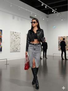 Chân váy denim xẻ tà trước kiểu Mỹ gợi cảm, cạp cao, ôm sát tôn dáng, dài đến đầu gối. - Xám - Xem 6