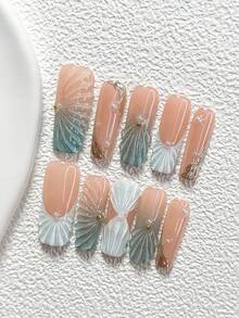 10Pcs Ocean Fairy Tale Style Handmade Nail Art Set,Unghie Press On,Pearl Nail Art Accessories,Stripe Nail Art Decorations,Mint Green And White Nail Polish,Fresh Summer Style,Comes With Nail Tools(1 Sheets Jelly Stickers+1PC Nail File)3 Sizes Available,Almond Nails, Duck Nails,Coffin Nails,Suitable For Reunion,Daily,Party,Photograph,Play,Spring Summer,Commute Supplies Nails - 彩色 - 查看 4