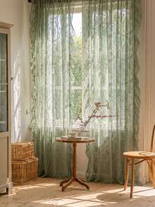 1pc French Countryside Style Floral Lace Trim Curtain Sheer, Holiday Decor - Green - View 3