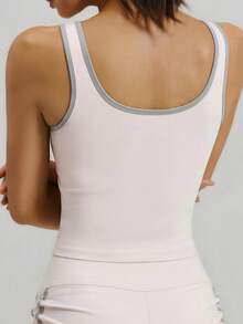 Contrast Trim U-Neck Sports Tank Top For Women, Wide Strap With Built-In Fixed Padded Cups, High Elasticity Slim Fit Yoga Pilates Fitness Camisole - Pink - View 2