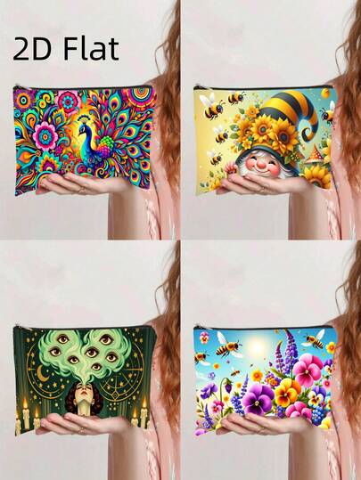 1pc Fantasy Nature & Mystical Art Themed Print Toiletry Bag, Featuring Colorful Peacock, Sunflower Gnome, Multi-Eyed Mysterious Witch, And Spring Bee Floral Patterns, Portable Storage Pouch, Zipper Cosmetic Bag, Student Stationery Organizer, Daily Fashion Accessory