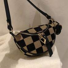 Riñonera de mujer con estampado de cuadros, con bolsa para auriculares, elegante bolso de cintura de piel sintética con cremallera para uso diario, bolso casual, versátil y de alta calidad para el transporte diario - Negro - Ver 7