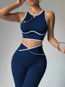 Dewbera Women's Hem Cropped Tank Top And Asymmetric Waist Leggings Sports Suit Gym Set Fitness Outfit Gym Leggings Set Women Ribbed Workout Set - Màu xanh hải quân - Xem 7