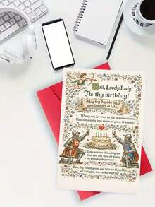 1 Stück, elegante mittelalterliche "Lovely Lady" Geburtstagskarte. Inklusive Umschlag, hochwertiges Kunstdruckpapier. Verzierter Blumenrand & mittelalterliches Textdesign. Perfekt für Frauen - die ideale zeitlose Geburtstagskarte (12cm/4,7in X 17cm/6,7in) - Roter Umschlag - Übersicht 4