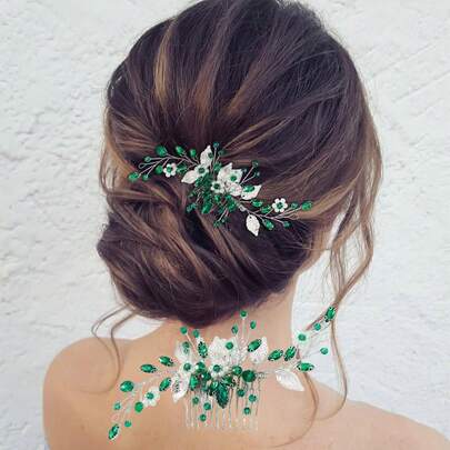 1 Elegant Bride Green Crystal Flower Hair Comb Wedding Banquet Side Decoration Hair Accessory Headpiece