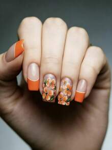24PCS Spring Orange Gradient Floral Nails, Gentle Sheer Nude Press-On Nails, Removable False Nails - Orange - View 3
