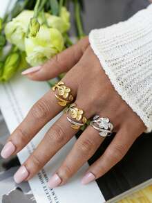Uself 3pcs/Set 18K Gold Plated Leaf Flower Ring Set, 304 Stainless Steel Open Ring, Botanical Theme Jewelry For Women, Low Allergy, Suitable For Daily Wear And Garden Parties - Multicolor - View 3