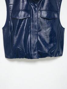Women's Spring & Summer Street Biker Style Royal Blue Faux Leather Sleeveless Vest - Navy Blue - View 7